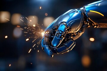 Industrial robotic arm welding metal with sparks flying, showcasing the power and precision of modern factory robotics, symbolizing automation and innovation