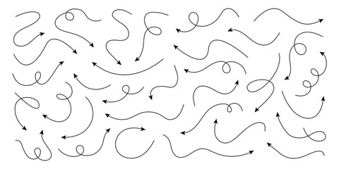 Set of squiggle line arrows. Simple line hand drawn curved vector arrows icons