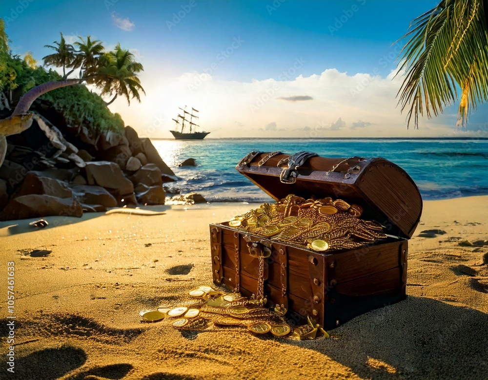 pirate treasure chest on sandy beach Stock Photo | Adobe Stock
