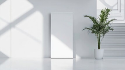 Poster - This white roll-up banner template stands in the lobby next to the stairs. Blank advertisement mockup in a business setting with white highlights. Commercial pull-up display isolated with white