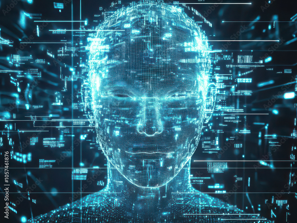A digital representation of a human face, composed of glowing lines and ...