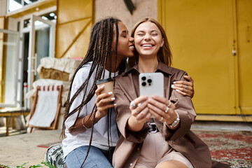 A loving couple enjoys their time at a cafe, sharing smiles and sweet moments while sipping coffee.