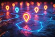 © Alienmarsh - Neon location markers on a digital surface, representing navigation and mapping technology.