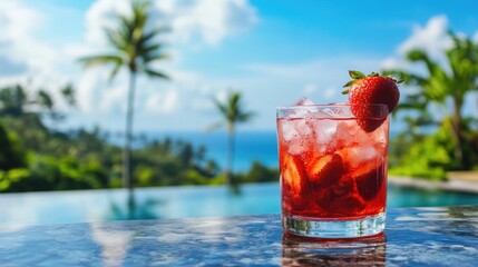 Chilled strawberry beverage with ice enjoyed by a poolside setting surrounded by a tropical backdrop