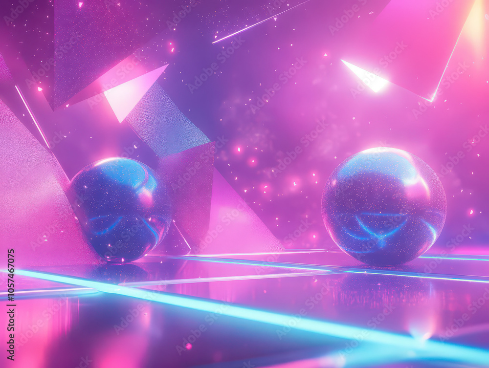 Two shiny spheres sit on a neon pink and blue platform with a ...
