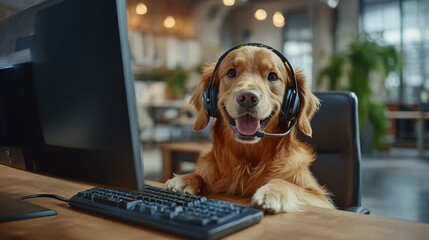 Wall Mural - Dog customer service agent at a call center desk. Cute golden retriever puppy in a headset working with computer in modern stylish office interior equipment, funny pet animal men at work creative art