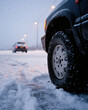 © Oranuch - Close-up of a tire in snow, winter road conditions, blur of another vehicle in background.