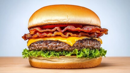 Poster - Juicy Cheeseburger with Bacon and Lettuce on Wooden Table