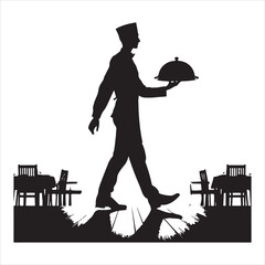 Black silhouette of a restaurant server walking with a tray on a clear white background 