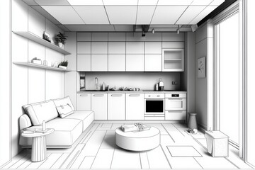 Aufkleber - Blueprint of a compact apartment layout with open kitchen and living room, simple furnishings, and minimal details, capturing modern minimalist interior design, symbolizing elegance and simplicity