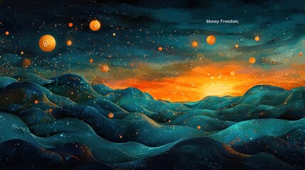 Wall Mural - a serene cosmic landscape with waves and planets against a vibrant sunset, symbolizing freedom.