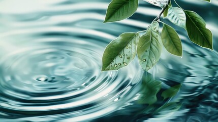 Wall Mural - Product presentation with beautiful water ripples and green leaves