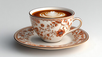 beautifully crafted latte art cup with floral design and saucer