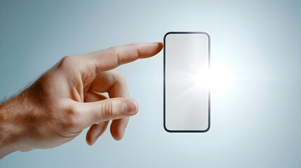 Fototapete - Minimalist mockup showing a hand gently tapping on a mobile screen with no content surrounded by a bright white background  Conceptual image for user interface app design or product display