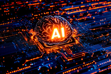 Wall Mural - futuristic ai brain on digital circuit board with glowing microchip elements