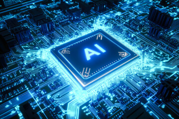 Wall Mural - ai-integrated microchip in futuristic circuit board - advancements in artificial intelligence techno