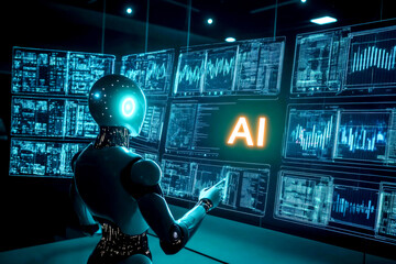 Wall Mural - advanced ai robot analyzing data on futuristic digital screens in tech environment