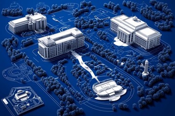 Detailed blueprint of a university campus layout with building sections, pathways, and green areas, capturing the holistic design approach in civil engineering, symbolizing community and innovation