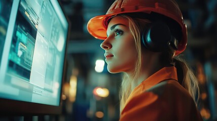 Leinwandbilder - Woman working wearing a hardhat by computer monitor in construction factory, data visualization.
