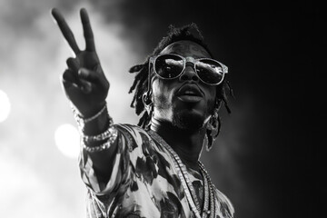 Black and white image of a stylish man making a peace sign at a live music performance