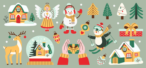 Flat style Christmas set with festive characters and decorations, including an angel, snowman, reindeer, penguin, gifts, holiday houses, and winter trees. Ideal for holiday designs and decorations.