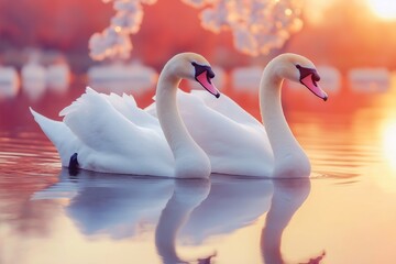 Graceful swans gliding on a calm lake at sunset, their white feathers reflecting in the pink and orange water.