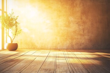 Wall Mural - Warm Sunlight Illuminating Wooden Floor with Plant in Pot Against Wall