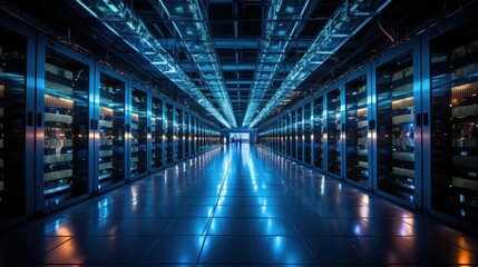 Sticker - A futuristic data center with illuminated server racks and reflective flooring.