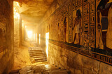 Long, narrow hallway with ancient Egyptian hieroglyphics on the walls. The hallway is dark and dusty, giving it a mysterious and eerie atmosphere