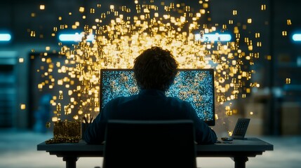 A person sits at a computer in a server room, surrounded by data and code.