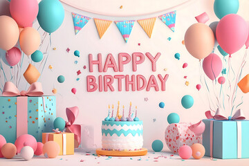 Vector happy birthday horizontal illustration with 3d realistic background with text.