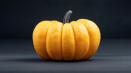 Wall Mural - Close-up of a small, round, orange pumpkin with a black stem on a dark background