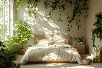 Sticker - natural bedroom design, natural bedroom with climbing indoor vines on a raw wood headboard creating playful shadows on light walls, perfect for reflection