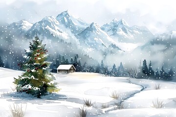 Wall Mural - Serene Winter Landscape with Snow-Capped Mountains and a Cozy Cabin