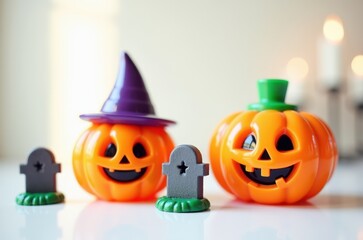 Halloween holiday toy pumpkins, toy caps, toy graves, toy candles,