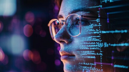 Close-up of a woman's face with digital code overlay