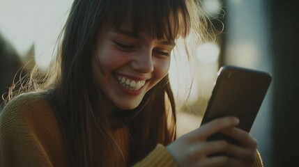 Woman is smiling while holding a cell phone