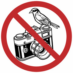 A prohibition sign with a camera and a bird on top, prohibiting photography. This graphic is perfect for use in places where photography is not allowed, such as museums, art galleries.