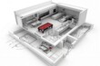 © kornc - A white room with a red pool table in the middle