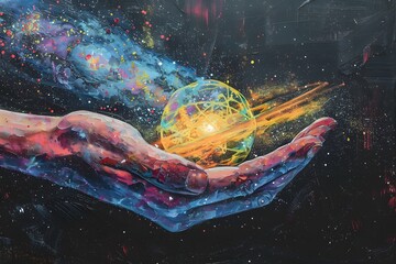 Poster - Cosmic Creation: A Hand Cradling the Universe