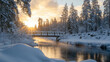 © wernerimages - A serene winter river flows calmly under a bridge surrounded by snow-covered trees, as the sunrise casts warm rays, creating a tranquil, picturesque scene.