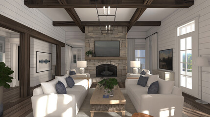 Wall Mural - modern farmhouse living room with shiplap walls, cozy white sofas, wood beams, and a large stone fir
