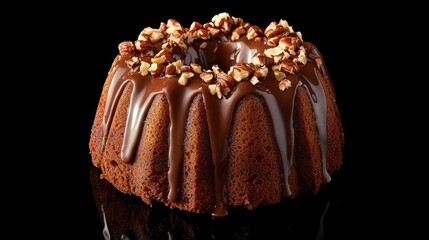 Chocolate bundt cake with dripping chocolate glaze and a sprinkle of chopped nuts, isolated on a black background to highlight texture