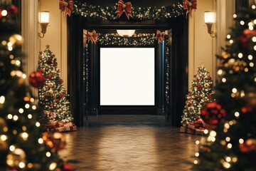 Wall Mural - Festively decorated hallway with Christmas trees and elegant lights in a welcoming holiday atmosphere