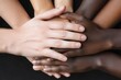 © Brighting Collection - A diverse group of hands stacked together, symbolizing unity, diversity, and collaboration, contrasted against a dark background.