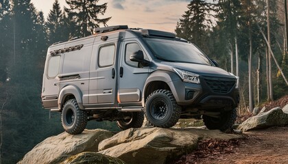 Futuristic offroad camper van on rocks in the woods