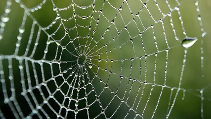 Close-Up of Dew-Covered Spider Web with Green Background

