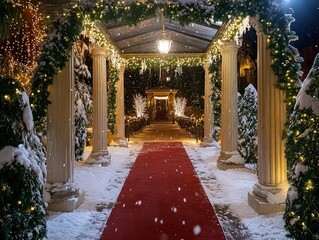  Winter gala entrance with red carpet, white lights, and snowy evergreen garlands; grand marble pillars frame luxurious setting for a formal, seasonal event.