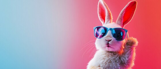 A playful rabbit wearing stylish sunglasses, set against a vibrant background of pink and blue hues, exuding a fun and trendy vibe.