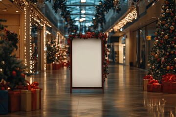 Wall Mural - Festively decorated shopping mall corridor featuring Christmas trees and a blank sign during the holiday season